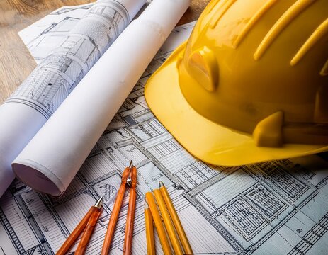 yellow hard hat and architectural blueprints with rolled paper and wooden pencils for construction and design projects