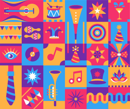Seamless carnival purim Pattern. Colorful Geometric Background Street Art Style. Musical instruments, holiday stuff in bright flat style.