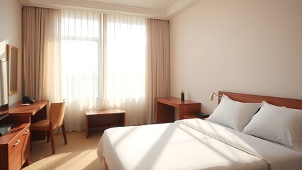 A serene hotel bedroom bathed in morning sunlight, featuring a neatly made bed and sheer curtains.