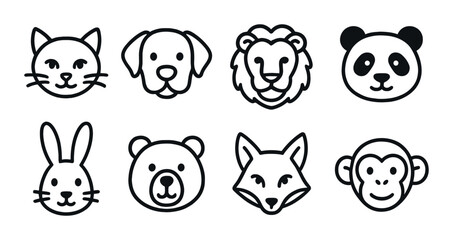 Fototapeta premium Cute animal icons: cat, dog, lion, panda, rabbit, bear, fox, monkey faces in black and gray