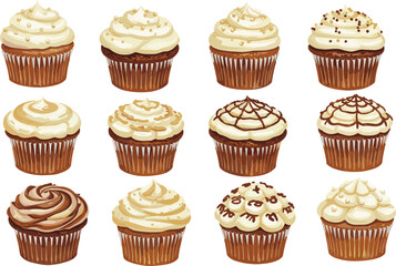 Cupcake collection with frosting, variety of decorated cupcakes, sweet dessert treats, bakery illustrations, chocolate and vanilla, vector dessert set