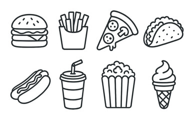 Silhouette icons of fast food items: burger, fries, pizza, taco, hot dog, soda, popcorn, ice cream cone