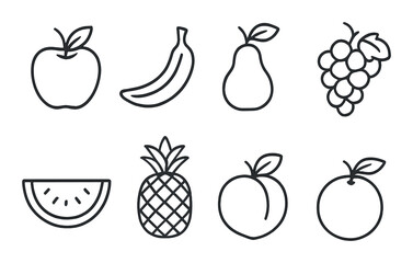 Outline fruit icons on gradient background: apple, banana, pear, grapes, watermelon, pineapple, peach, orange