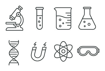 Science icon set: microscope, test tube, beaker, dna, atom, magnet, goggles