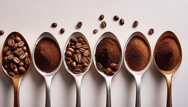 spoons filled with ground coffee and coffee beans of multiple roast types on a light colored surface