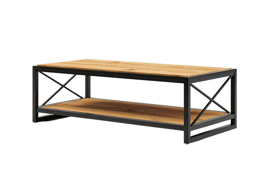Dark gray metal TV stand with light wood top.  Two-tiered design