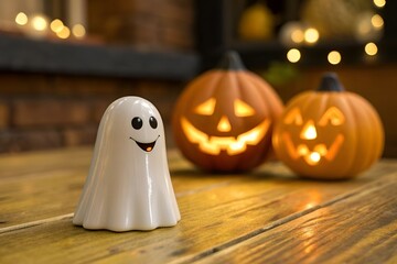 Photo-Realistic Happy Ghost Figure with Pumpkins and Jack-O’-Lanterns on Wooden Surface
