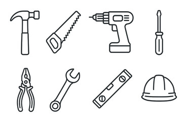 Gray construction tools silhouette: hammer, drill, saw, wrench, helmet