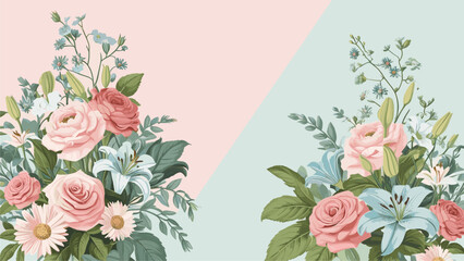 Soft Pastel Floral Bouquets with Roses and Lilies on Split Pink and Mint Background