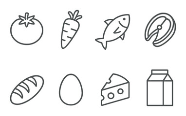 Monochrome outline icons of food items: tomato, carrot, fish, meat, bread, egg, cheese, milk
