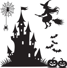 Halloween silhouette elements with witch castle and spider Keywords: halloween, witch, castle
