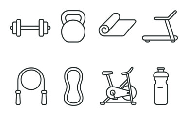 Fitness equipment icons set: dumbbell, kettlebell, yoga mat, treadmill, jump rope, spin bike, water bottle