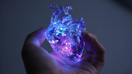 Illuminated anatomical heart model held gently in a human hand creating a visual metaphor for life