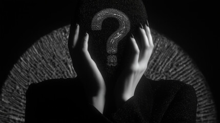 Mysterious black and white portrait of a hooded figure with a glittering question mark obscuring the face, dramatic lighting and grain evoke an enigmatic mood and surreal identity concept.