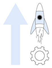 Fototapeta premium Rocket taking off next to a gear and upward arrow symbolizing progress, teamwork, and innovation. Ideal for themes thumbs up growth, technology, productivity, career, startup success. Simple flat