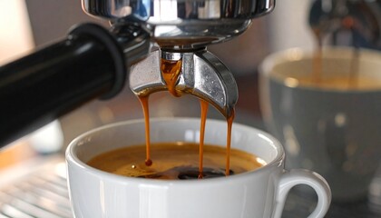 Close-up of fresh espresso pouring from a coffee machine portafilter into a white cup, capturing the rich, dark brew and morning cafe aroma
