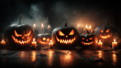 Group of Spooky Jack-o'-Lanterns with Glowing Faces and Candles for Halloween Night
