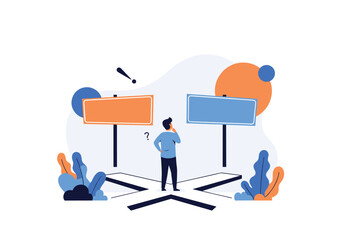 Person standing at crossroads deciding which path to take with two signposts offering different directions