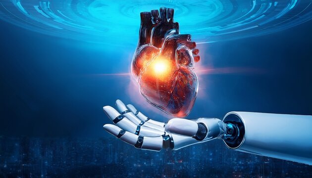 artificial hand holding a glowing heart