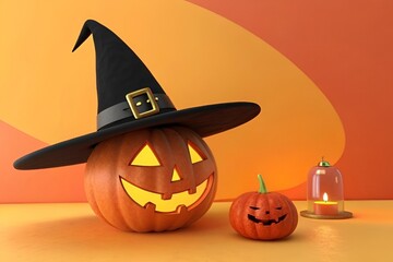 3D Halloween Jack-O’-Lantern Pumpkin with Black Witch Hat and Glowing Face