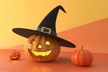 3D Halloween Jack-O’-Lantern Pumpkin with Black Witch Hat and Glowing Face
