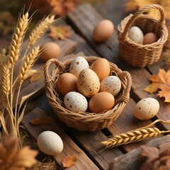 Rustic Basket of Speckled Eggs and Wheat Stalks
