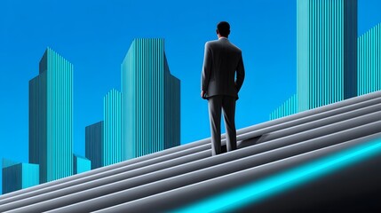 A businessman stands on a set of stairs, overlooking a futuristic cityscape of towering glass skyscrapers, representing opport and growth in the corporate world.