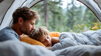 Father and son preparing sleeping pads inside a cozy tent in evening forest