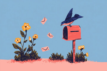 Pastel illustration of a bird perched on a red mailbox with flying envelopes over grassy flowers, evoking whimsical postal delivery and springtime charm in a hand-drawn textured style.