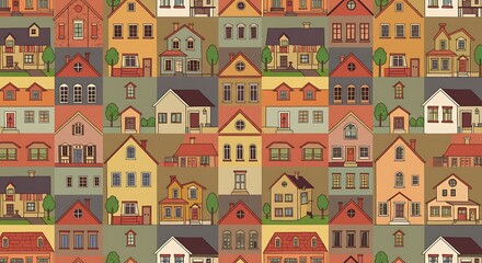 Naklejka premium Seamless repeating pattern background with a collection of colorful cartoon houses and buildings representing a vibrant suburban community