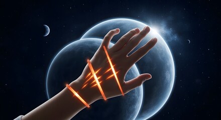 Glowing Hand Reaching Towards Distant Planets in a Futuristic Space Scene