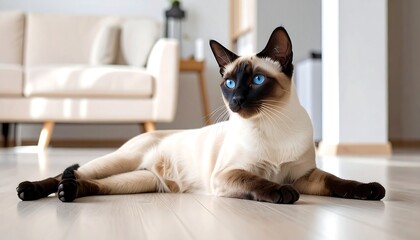 Siamese cat relaxing on light-colored floor