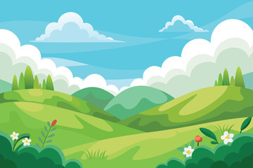 Obraz premium Cartoon landscape with green hills, trees, flowers, and a blue sky with clouds