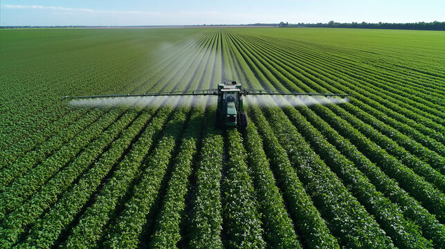 Aerial view of a tractor spraying healthy green crops in neat rows across a large agricultural field, illustrating modern farming, crop care, and precision agriculture techniques.