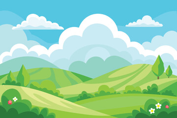 Cartoon Landscape with Rolling Green Hills, Trees, Bushes, and White Puffy Clouds in Blue Sky