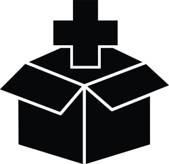 Obraz premium Humanitarian aid box icon with medical cross, relief supply package for disaster support, food and healthcare emergency help, transparent background