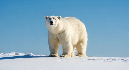 A majestic polar bear stands on a vast expanse of snow under a clear blue sky, showcasing its impressive size and white fur.