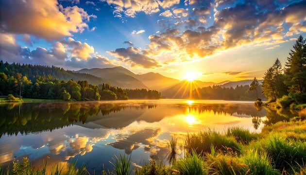 Sunny mountain lake reflects sky & trees. Clouds, mist, grass, forest, & hills bask in the light