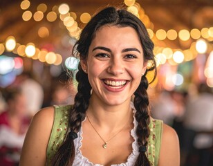 junge Frau mit Zöpfen und im bayrischen Dirndl, auf einem Volksfest