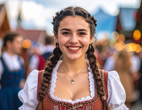 junge Frau mit Z&ouml;pfen und im bayrischen Dirndl, auf einem Volksfest
