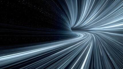 Abstract blue and white light trails forming a tunnel effect against a dark starry background warp speed