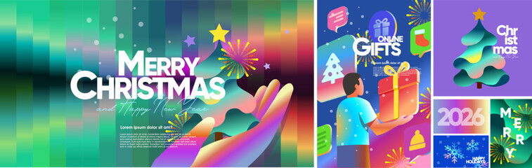 Merry Christmas and Happy New Year! 2026. Vector modern abstract illustration Christmas tree, hand, online store with gifts, man chooses a gift for poster, banner, gradient background or greeting card