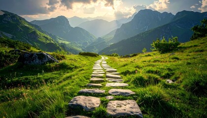 Fototapeta premium Winding Stone Path Through Green Grass Towards Distant Mountains