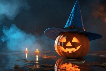 Photo-Realistic Halloween Jack-O’-Lantern Pumpkin with Blue Wizard Hat and Smoky Dark Background
