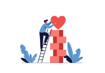 Person climbing ladder to place heart on top of stacked blocks symbolizing building love relationship and emotional connection