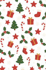 "Seamless Christmas Holiday Pattern &ndash; Festive Gift, Tree, Candy Cane, Snowflake and Ornament Design"