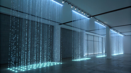 Digital Rain Room – Floor-to-ceiling LED strings mimicking rain.