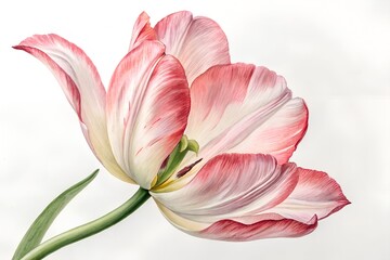 Obraz premium Close up of a pink and white variegated tulip with green stem on white flower