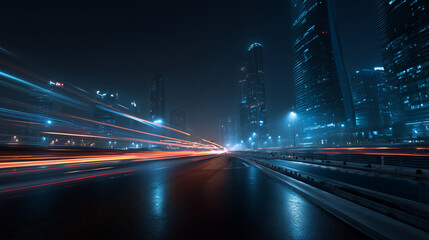 Long exposure night cityscape with light trails and wet reflective pavement leading past modern glass towers, creating a cinematic futuristic mood and dynamic urban motion.