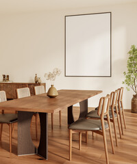 Modern Dining Area with Wooden Chairs, Large Wooden Table and Vertical Frame Mockup on Wall